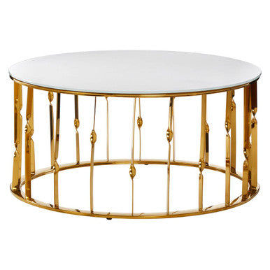 White Glass Round Coffee Table with Gold Finish Frame
