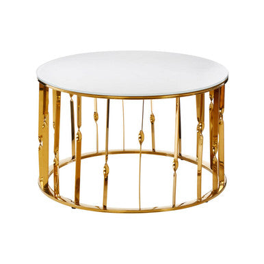 White Glass Round Coffee Table with Gold Finish Frame