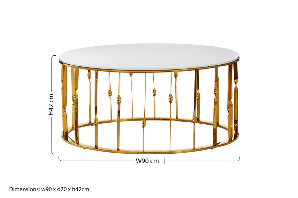 White Glass Round Coffee Table with Gold Finish Frame