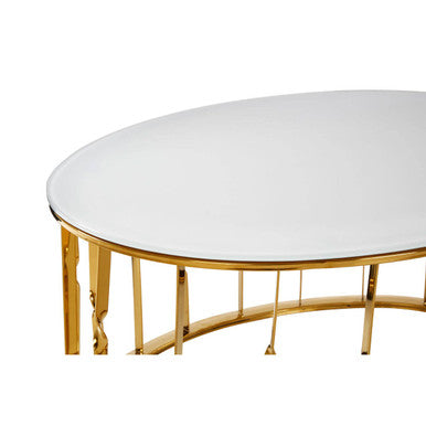White Glass Round Coffee Table with Gold Finish Frame