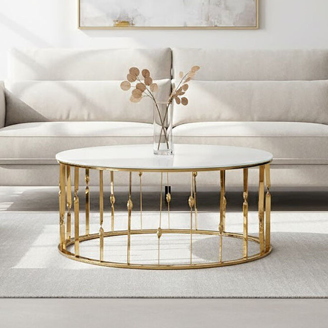 White Glass Round Coffee Table with Gold Finish Frame