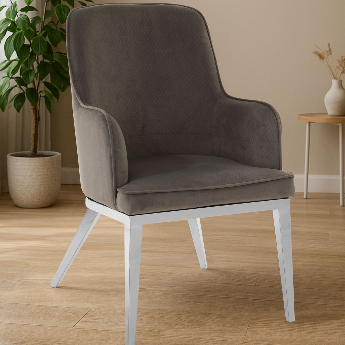 Grey Velvet Dining Chair with Silver Finish Legs