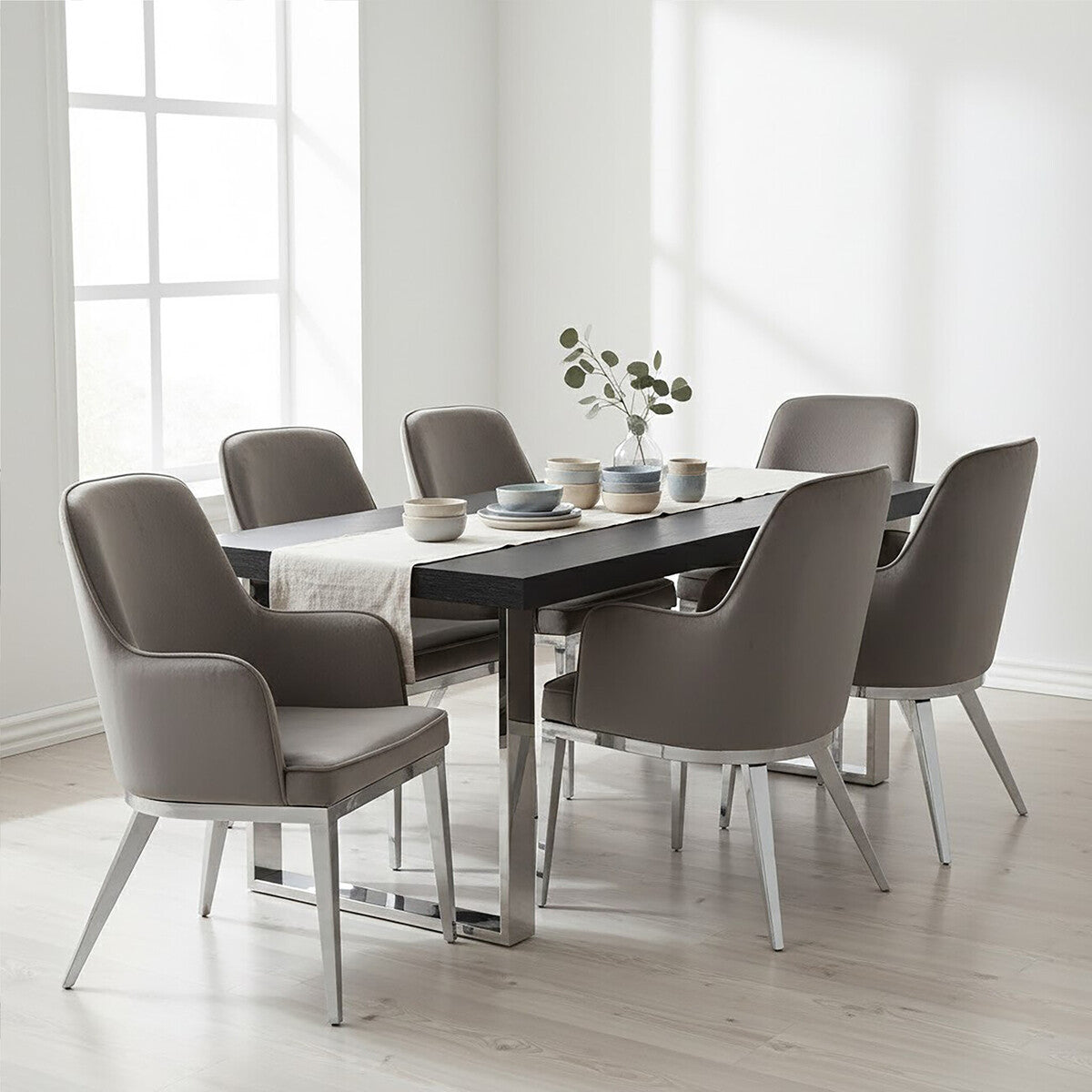 Grey Velvet Dining Chair with Silver Finish Legs