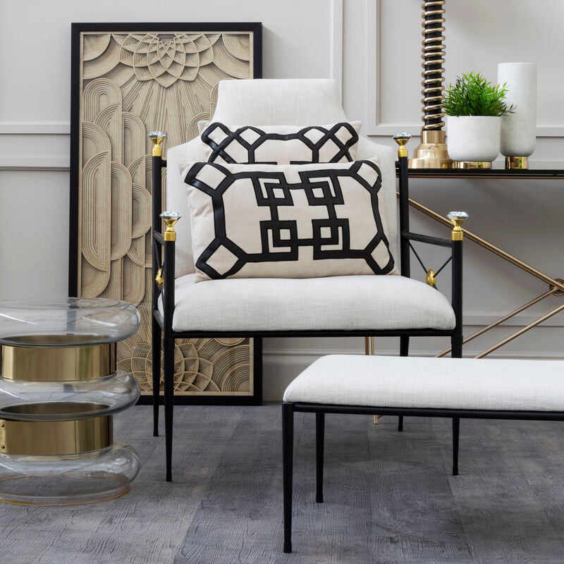 White Linen High Back Chair with Black Metal Frame