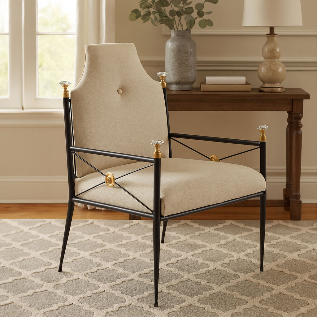 White Linen High Back Chair with Black Metal Frame