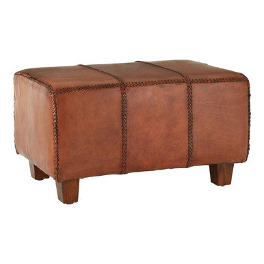 Antique Brown Leather and Teak Wood Bench