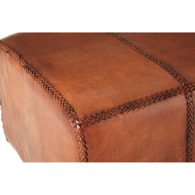 Antique Brown Leather and Teak Wood Bench