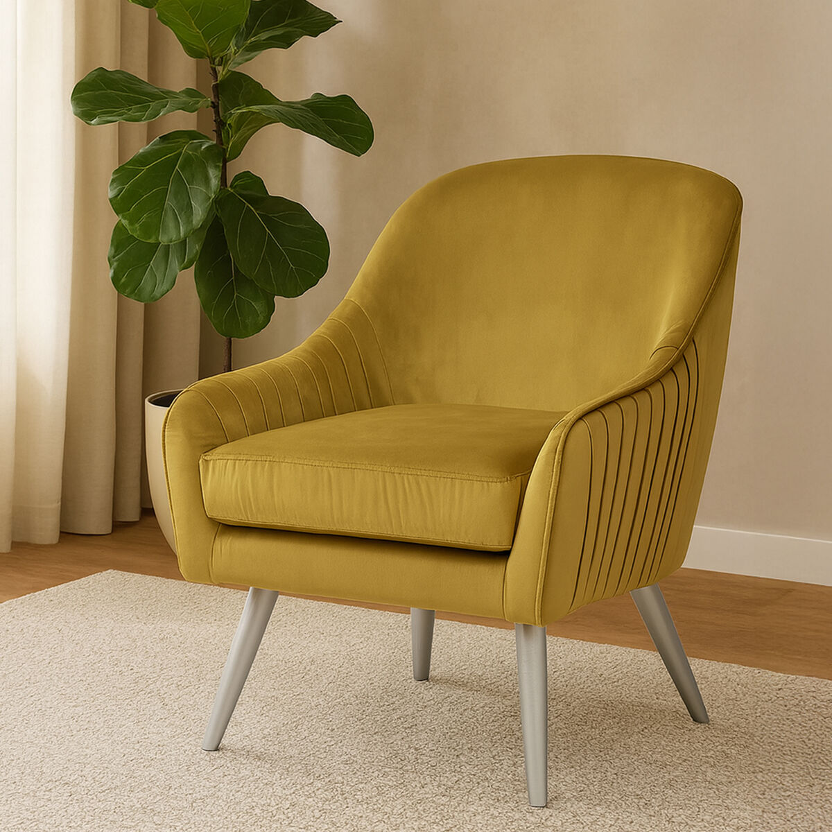 Mustard Velvet Armchair with Silver Finish Wood Legs