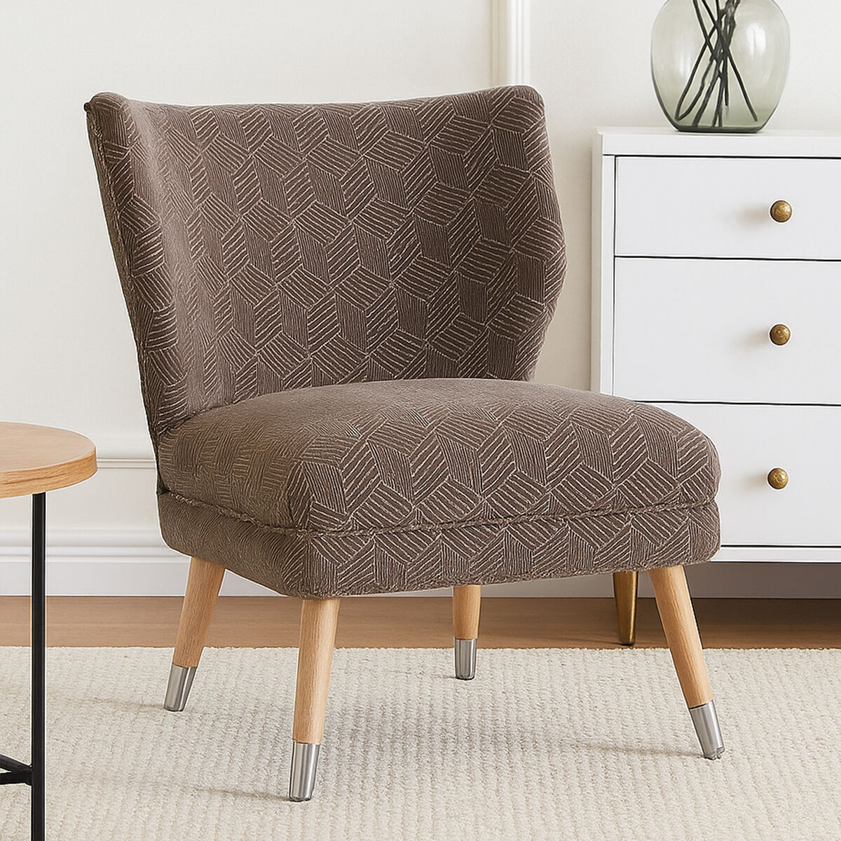 Grey Chenille Wingback Chair with Geometric Design