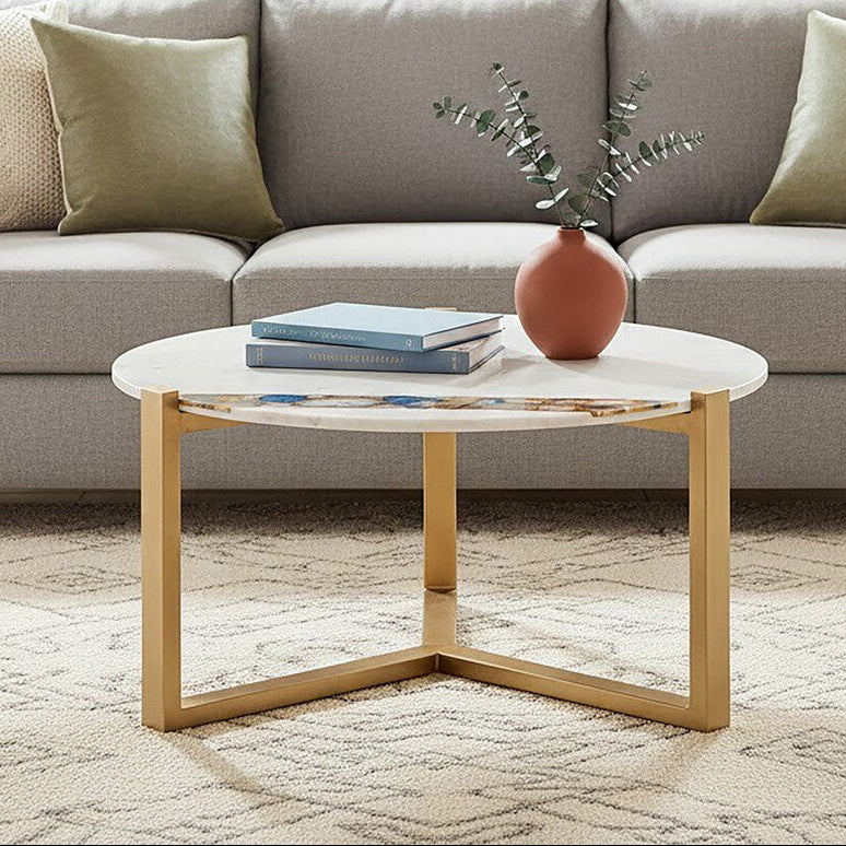 White Marble and Agate Round Coffee Table