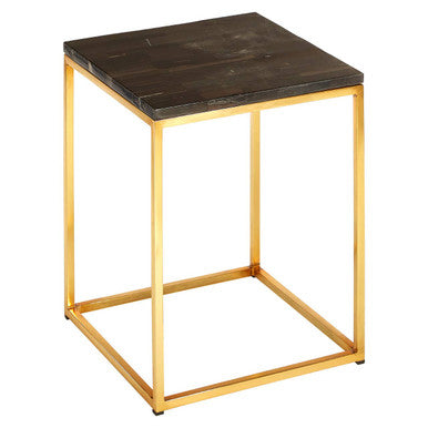Dark Petrified Wood and Brass Finish Square Side Table