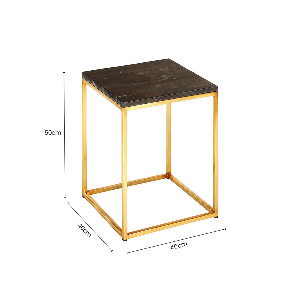 Dark Petrified Wood and Brass Finish Square Side Table