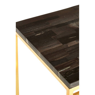 Dark Petrified Wood and Brass Finish Square Side Table