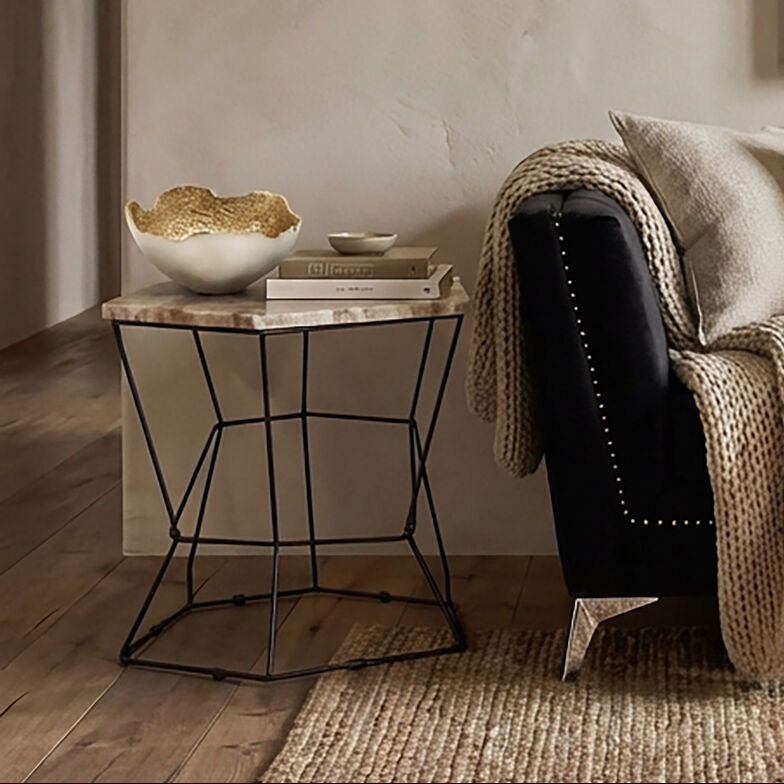 Natural Onyx Stone and Black Finish Side Table