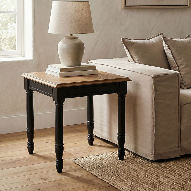 Black Side Table with Textured Bayur Wood and Carved Detail