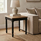 Black Side Table with Textured Bayur Wood and Carved Detail