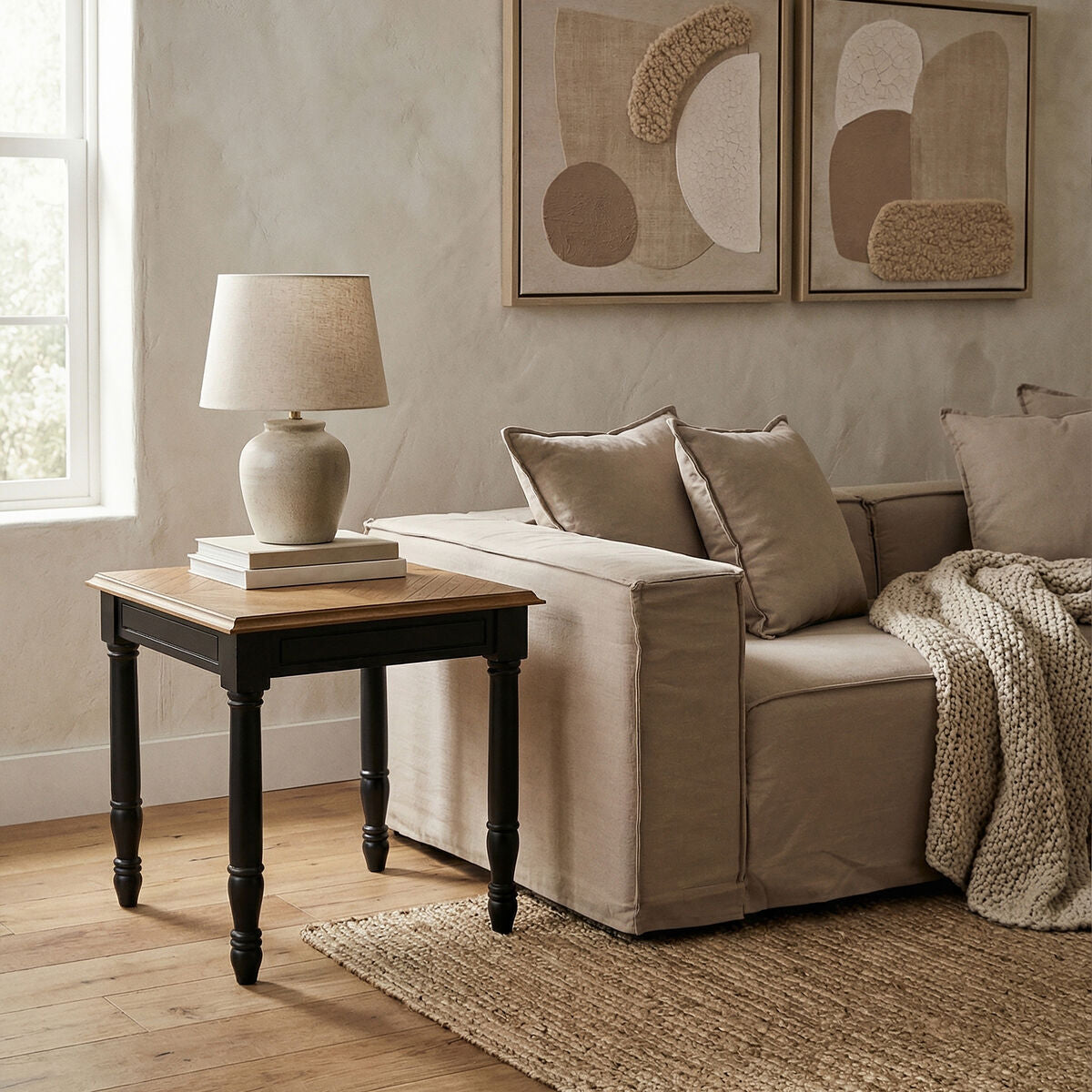 Black Side Table with Textured Bayur Wood and Carved Detail