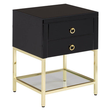 Gloss Black Wooden Cabinet Side Table with 2 Drawers and Gold Metal Frame