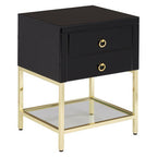 Gloss Black Wooden Cabinet Side Table with 2 Drawers and Gold Metal Frame