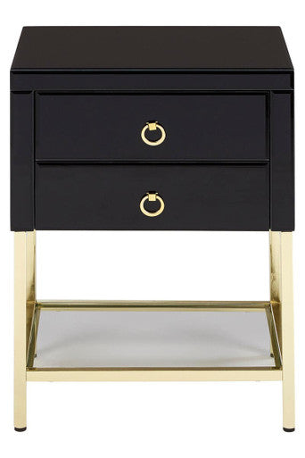 Gloss Black Wooden Cabinet Side Table with 2 Drawers and Gold Metal Frame