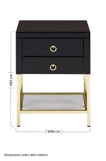 Gloss Black Wooden Cabinet Side Table with 2 Drawers and Gold Metal Frame