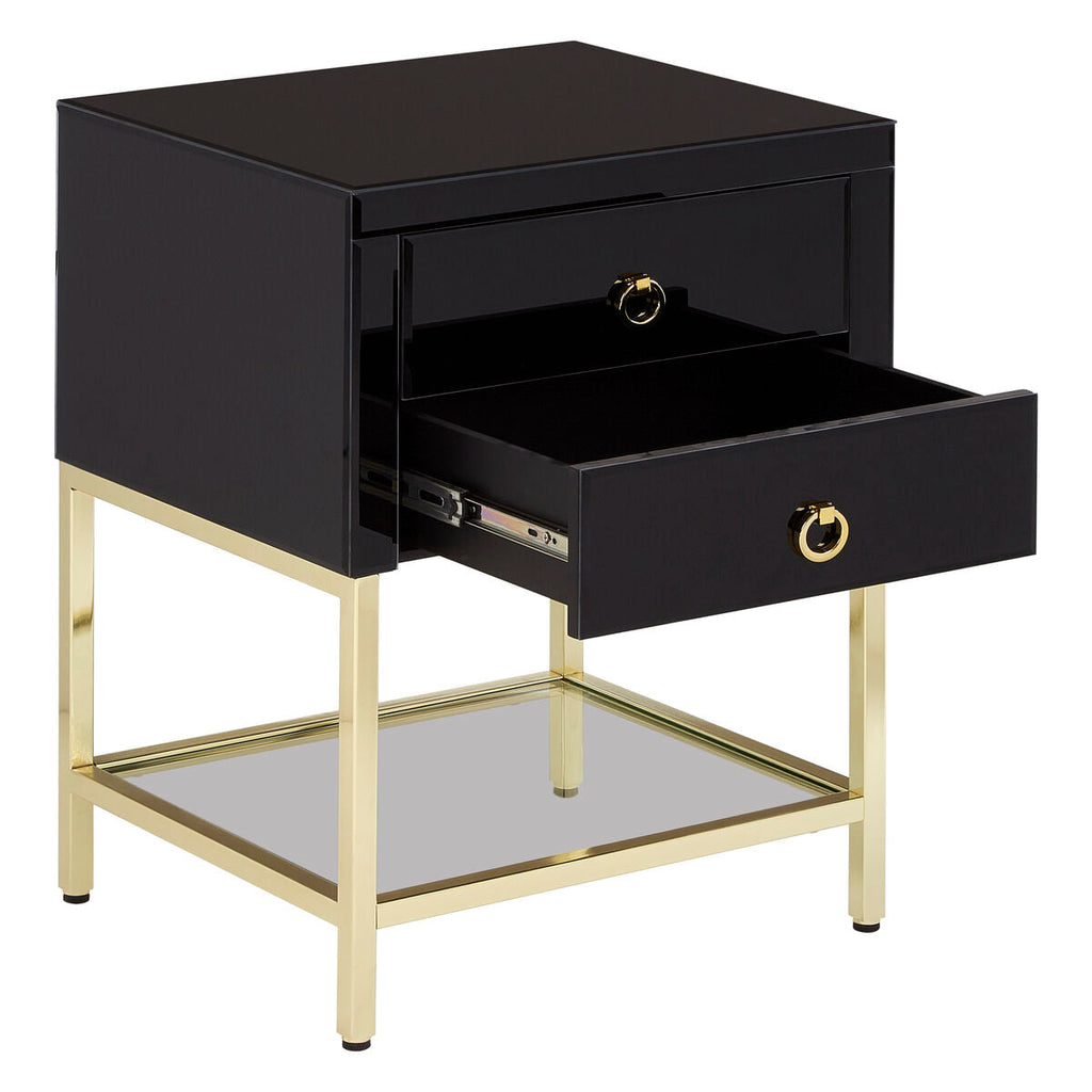 Gloss Black Wooden Cabinet Side Table with 2 Drawers and Gold Metal Frame