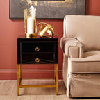 Gloss Black Wooden Cabinet Side Table with 2 Drawers and Gold Metal Frame