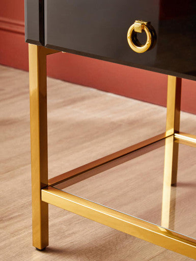 Gloss Black Wooden Cabinet Side Table with 2 Drawers and Gold Metal Frame