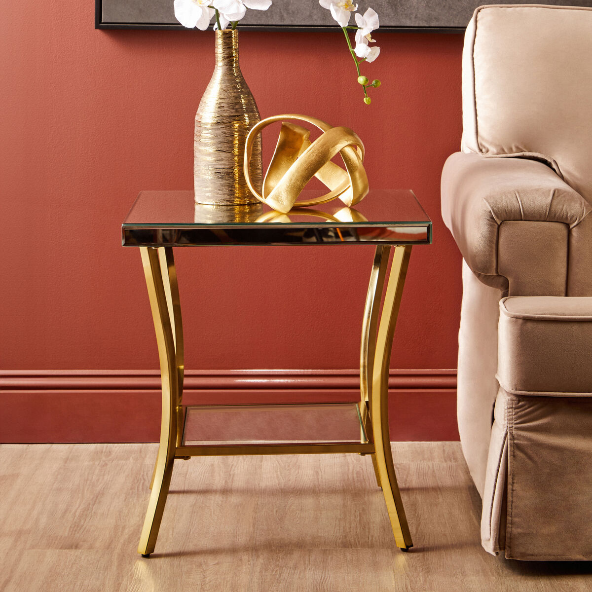Mirrored Side Table with Gold Finish Legs
