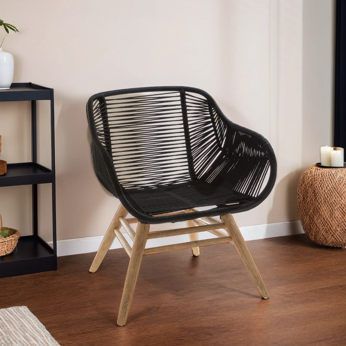 Black Rope Armchair with Natural Wood Legs