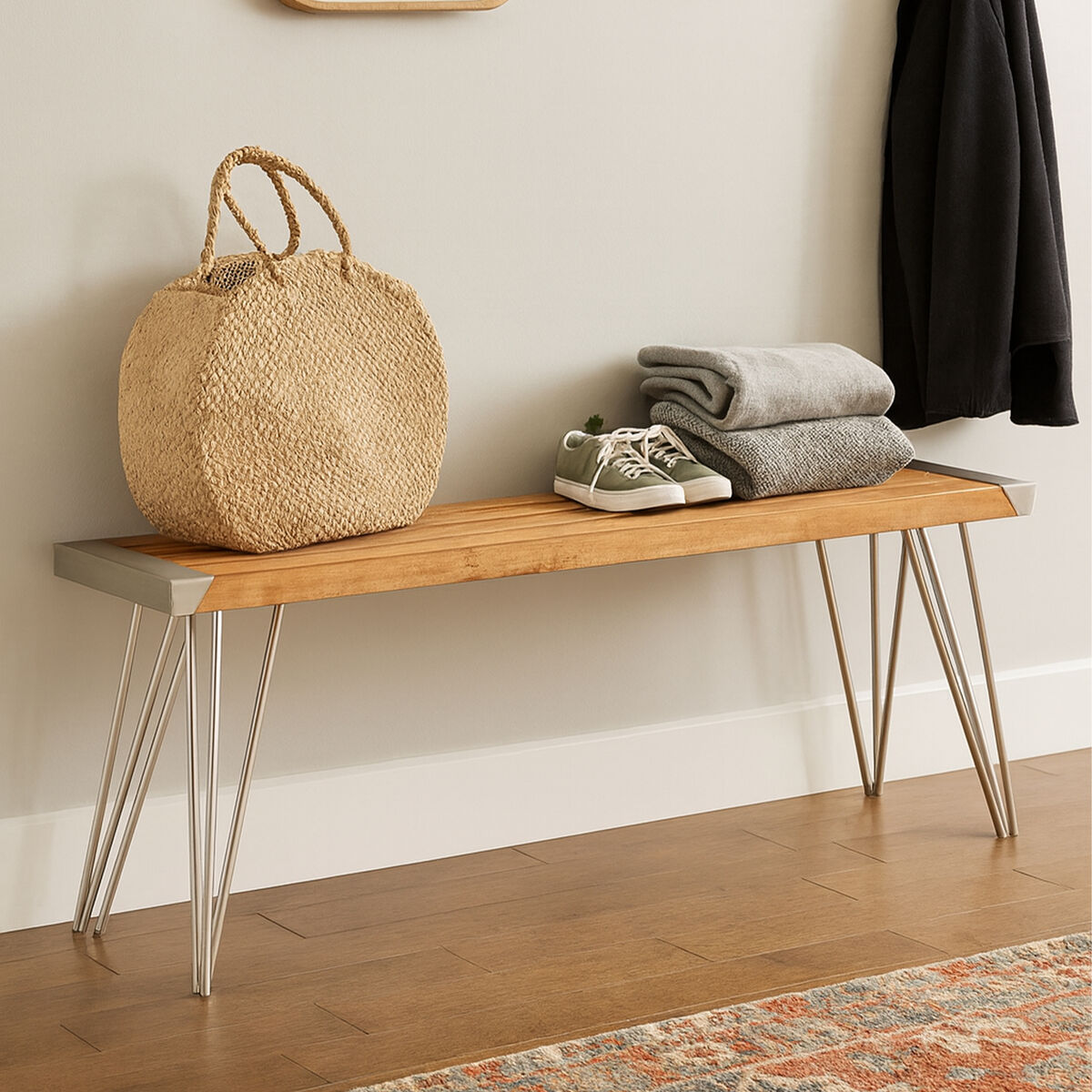 Natural Teak Wood Slatted Bench