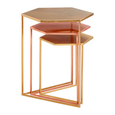 Gold and Bronze Finish Hexagon Set of 3 Nesting Tables