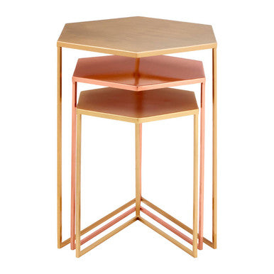 Gold and Bronze Finish Hexagon Set of 3 Nesting Tables