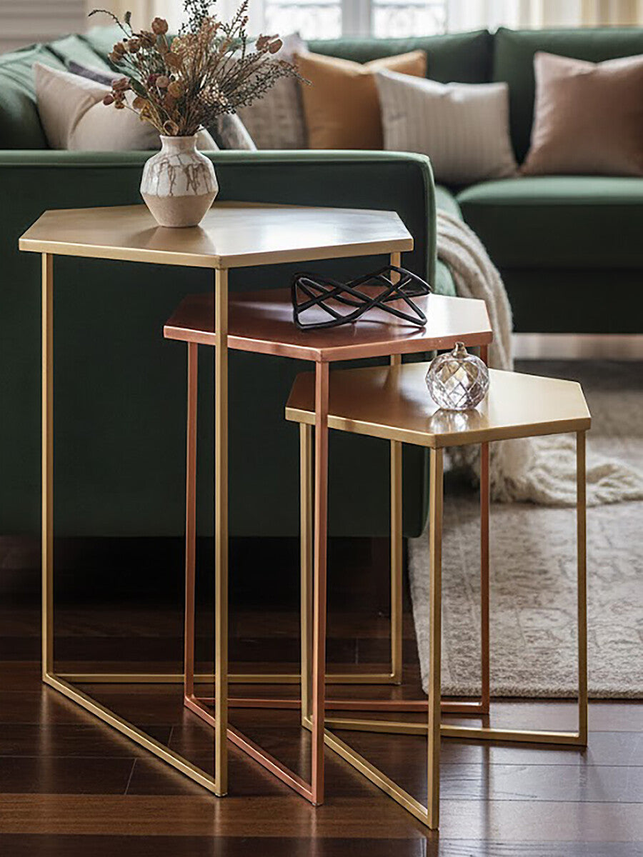 Gold and Bronze Finish Hexagon Set of 3 Nesting Tables