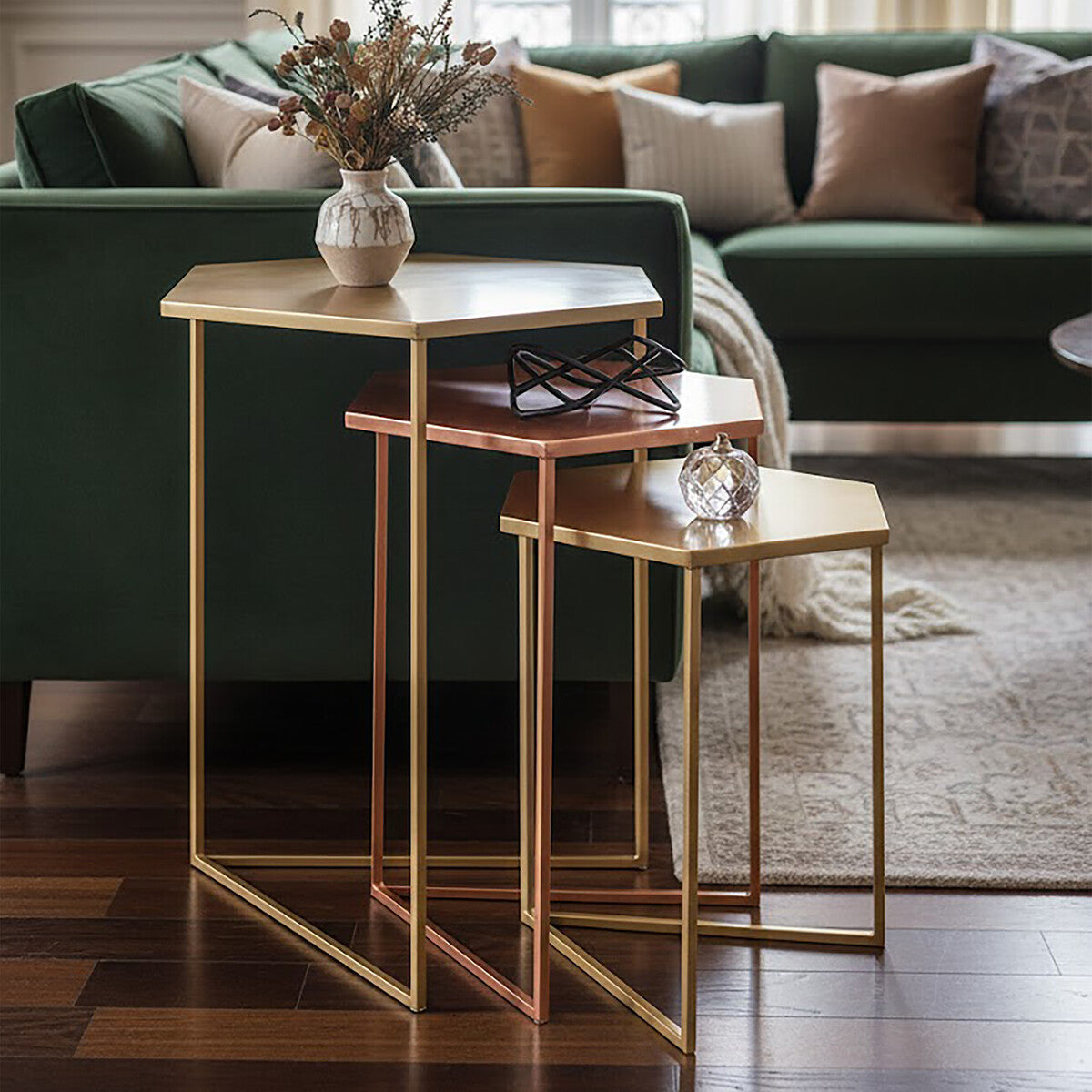 Gold and Bronze Finish Hexagon Set of 3 Nesting Tables
