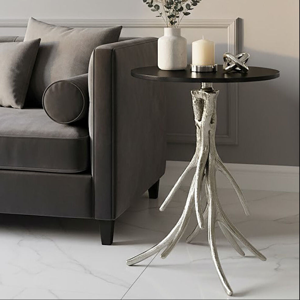 Black Marble and Nickel Finish Round Side Table