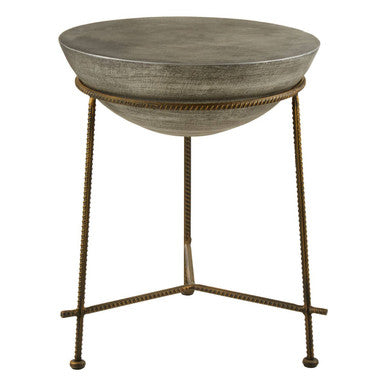 Silver Textured Concrete Bowl Top Side Table with Iron Three Leg Base
