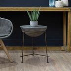 Silver Textured Concrete Bowl Top Side Table with Iron Three Leg Base