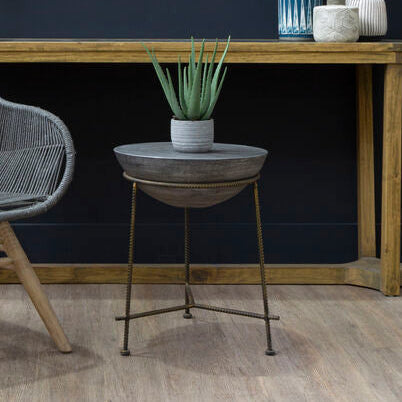 Silver Textured Concrete Bowl Top Side Table with Iron Three Leg Base