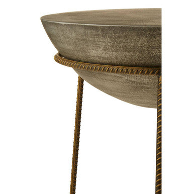 Silver Textured Concrete Bowl Top Side Table with Iron Three Leg Base