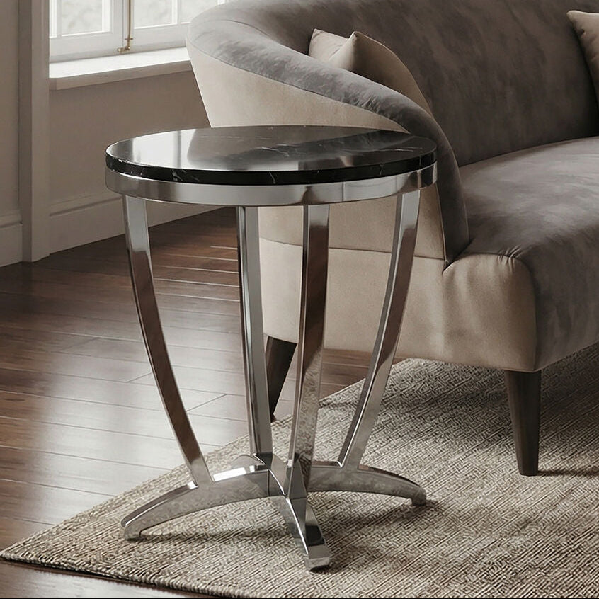 Black Glass Side Table with Silver Finish Frame