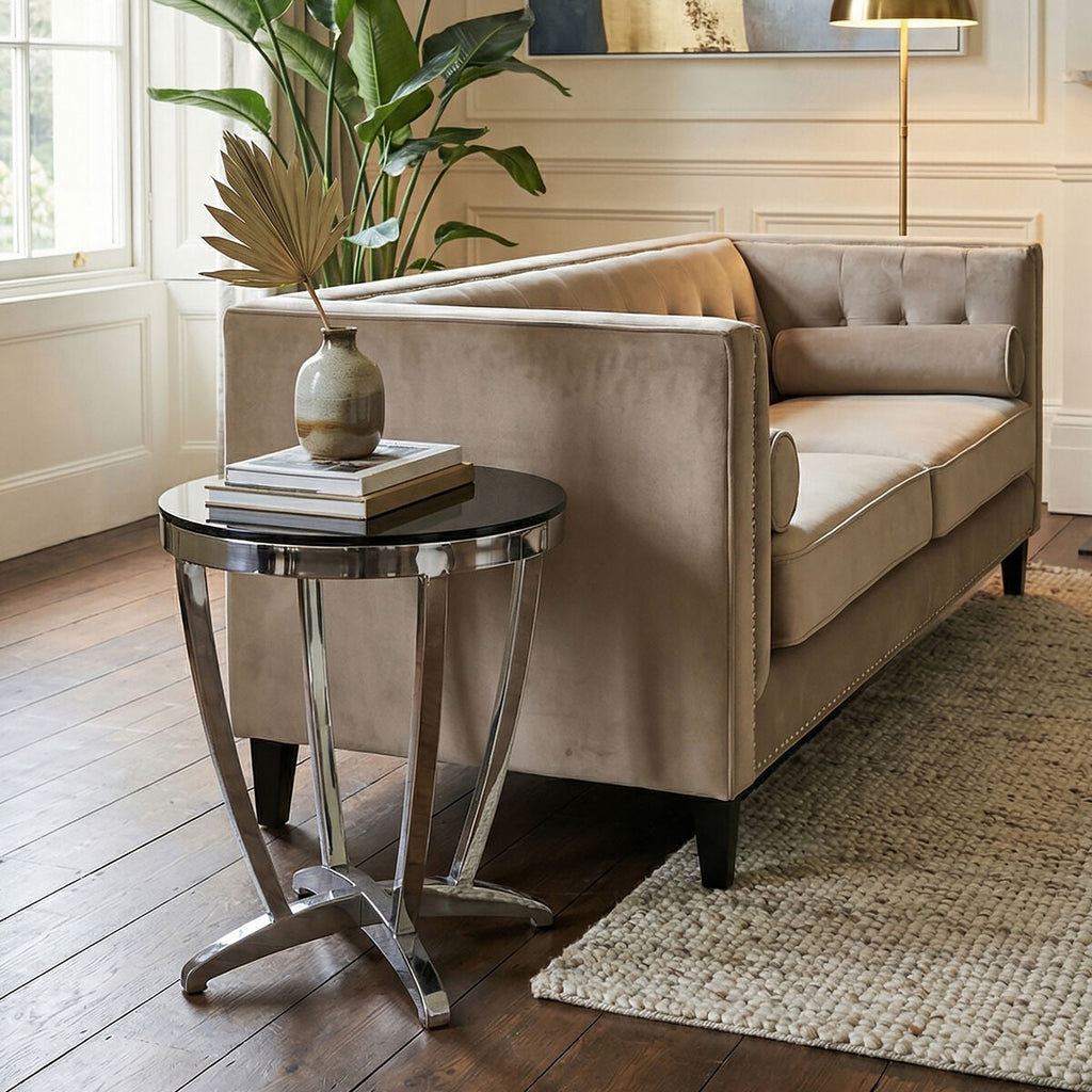 Black Glass Side Table with Silver Finish Frame
