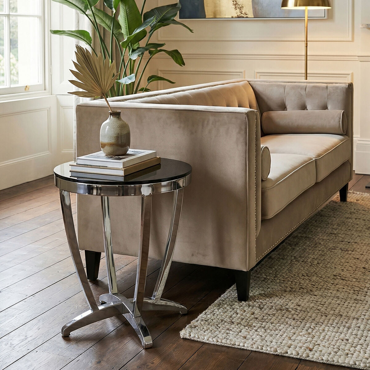 Black Glass Side Table with Silver Finish Frame