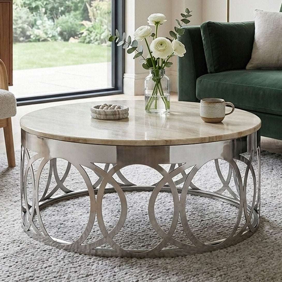 White Marble and Silver Finish Coffee Table
