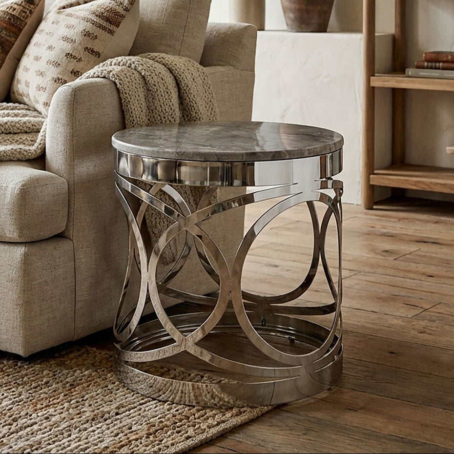 Grey Marble and Silver Finish Side Table