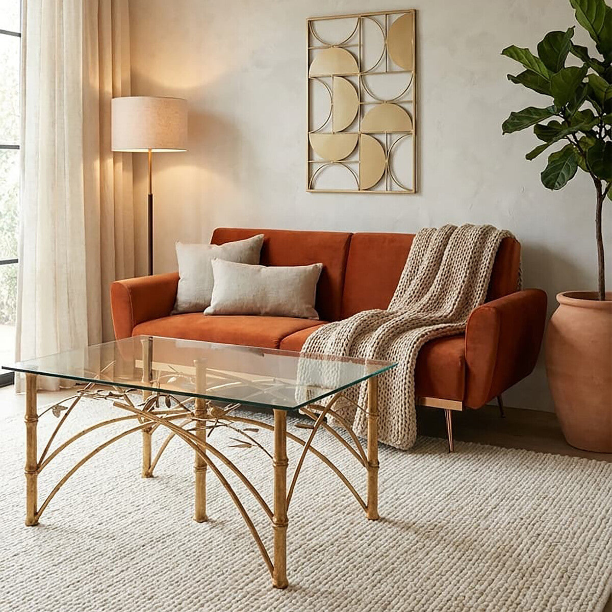 Glass Top and Antique Gold Finish Rectangular Dining Table