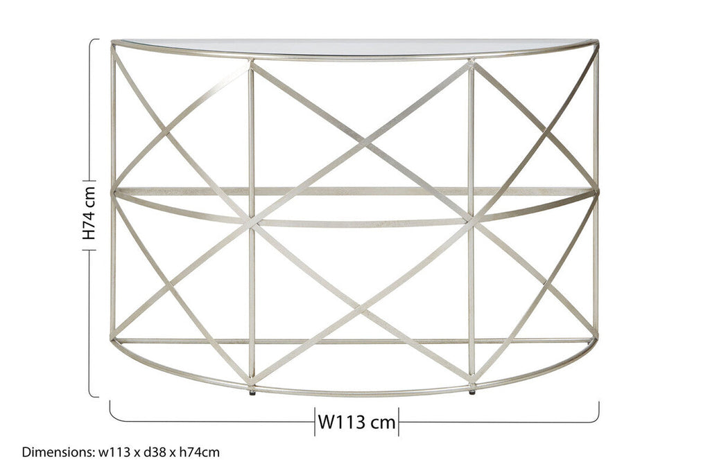 Clear Glass and Silver Finish Half Moon Console Table