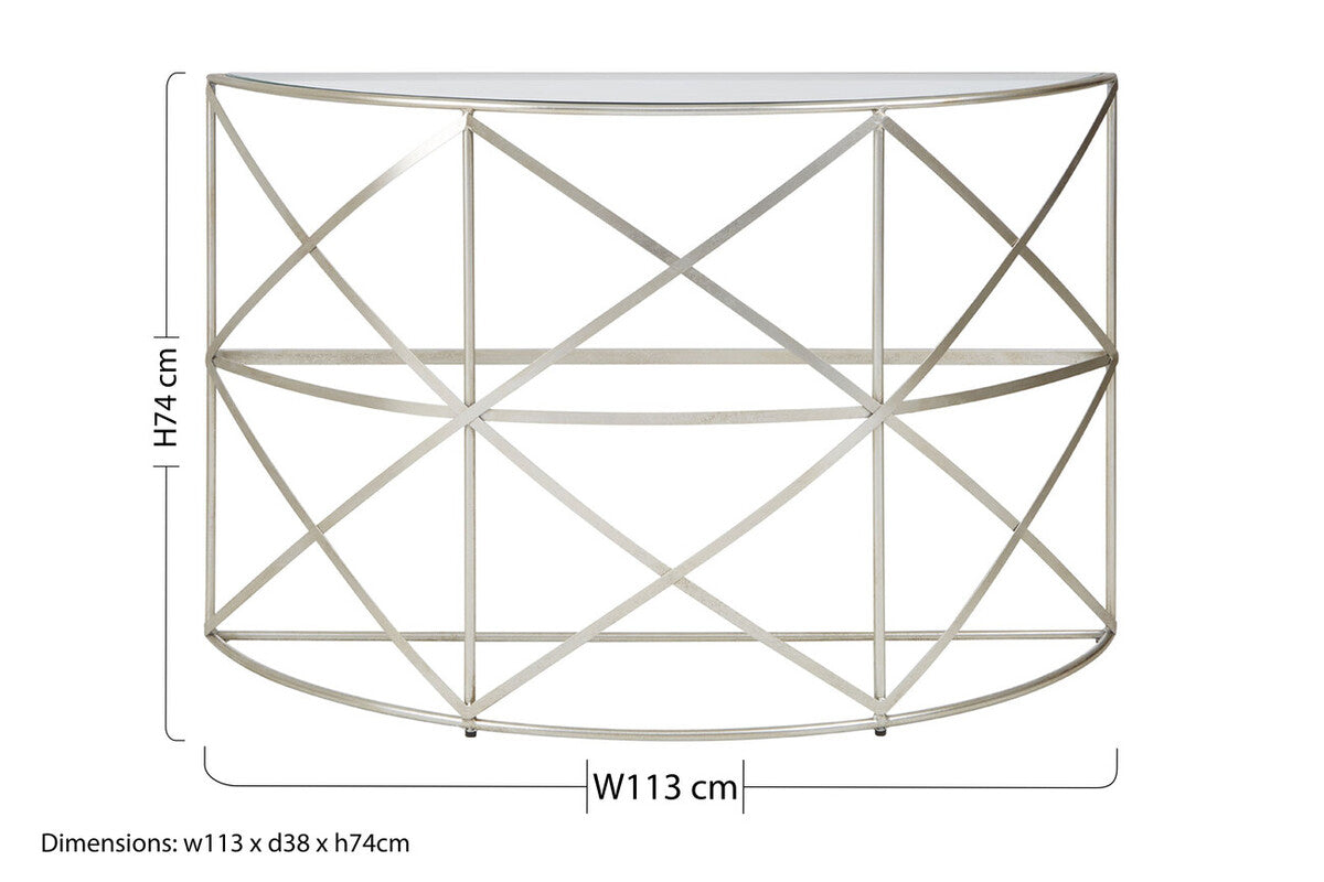 Clear Glass and Silver Finish Half Moon Console Table