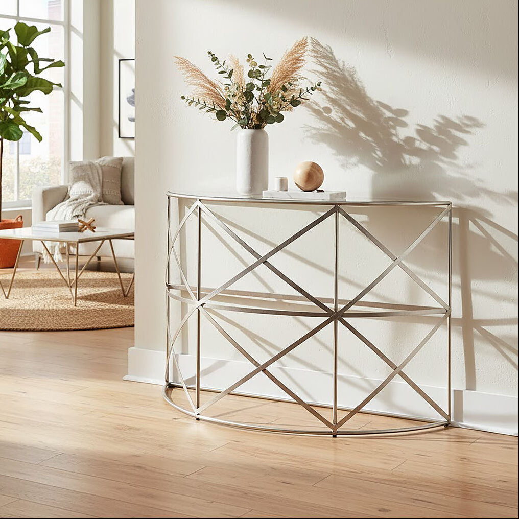 Clear Glass and Silver Finish Half Moon Console Table