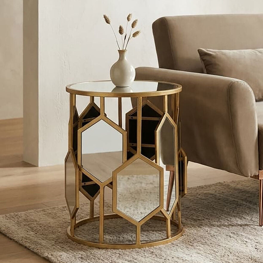 Mirrored Top and Gold Finish Round Side Table